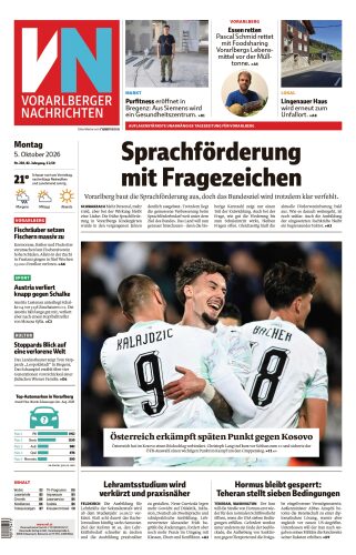 Vorarlberger Nachrichten front page, 5 October 2026. Headline: Language support with question marks.